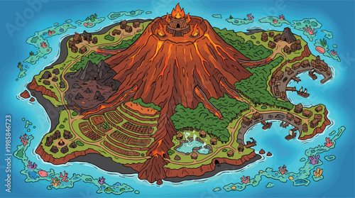 Volcanic island game map vector, tropical fantasy world with active volcano, cartoon level design
