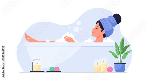 A young woman relaxing in a warm bubble bath at home. EPS Editable. Vector Illustrations.