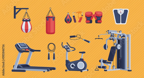 Collection of diverse exercise equipment for a home gym setup including a treadmill stationary bike and weight machine for fitness routines