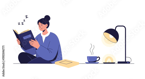 A young woman sitting and reading a book in a cozy atmosphere. EPS Editable. Vector Illustrations.
