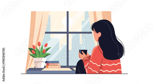 A young woman sitting at a desk and looking out of the window. EPS Editable. Vector Illustrations.