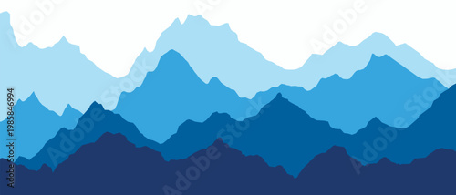 Mountain ridge silhouette with blue gradient fog creates stunning panoramic landscape vector illustration background. Perfect vector illustration for nature designs and scenic horizons.