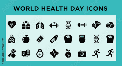 A comprehensive collection of minimalistic black and white vector icons representing various health, wellness, and medical concepts, ideal for World Health Day, set against a teal background