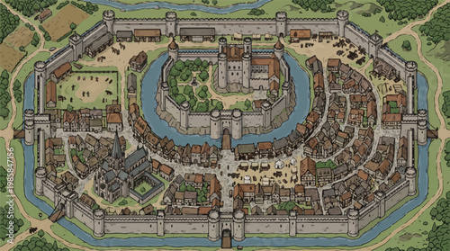 Medieval fantasy city map, isometric walled kingdom vector, ancient fortress town with moat