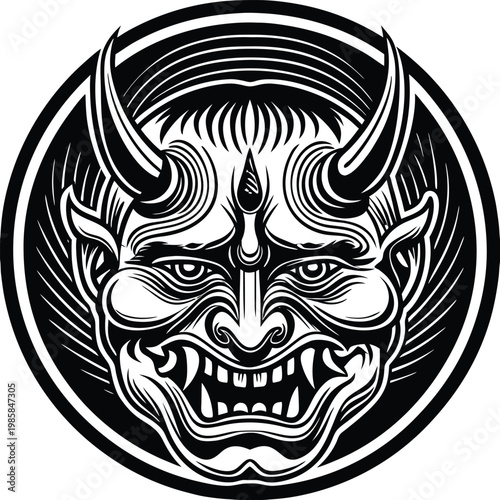 The intricate traditional depiction of a menacing onryō or vengeful spirit mask from Japanese folklore Vector, illustration