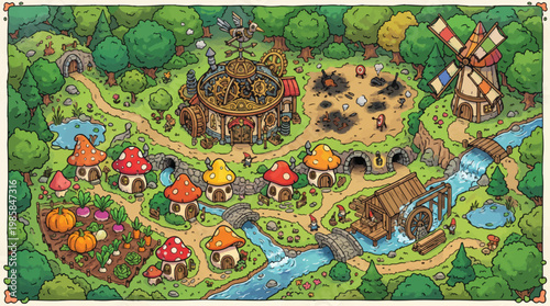 Fantasy gnome village map, magical forest landscape with mushroom houses and windmill vector