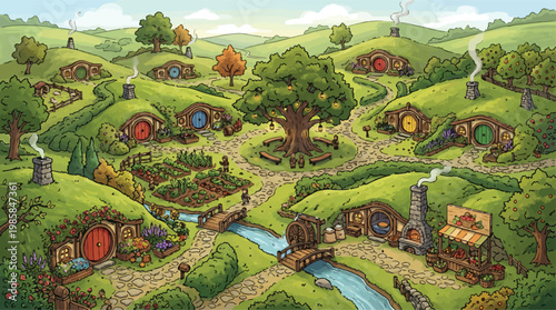 Fantasy village with underground hill houses, magical fairy tale landscape, rural hobbit meadow