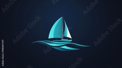 Blue sailboat sailing on stylized waves, dark background.
