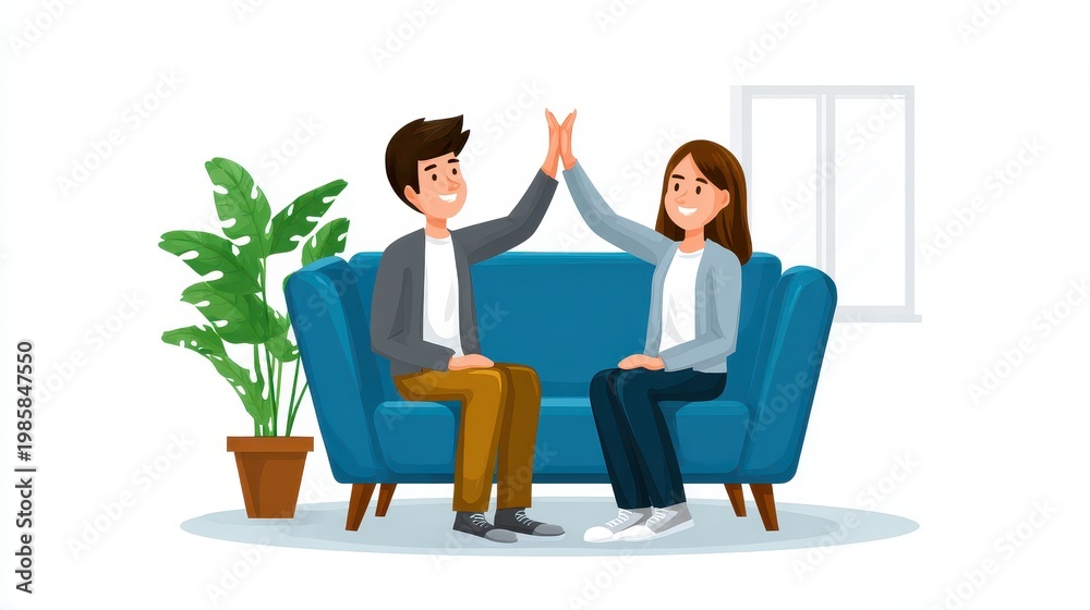 Obraz premium A cheerful illustration of a couple sitting on a couch, giving each other a high-five, surrounded by a plant and a bright window.