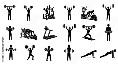 A comprehensive set of stylized monochrome icons depicting diverse physical activities and gym equipment, showcasing various exercises like weightlifting, cardio, and bodyweight training, em