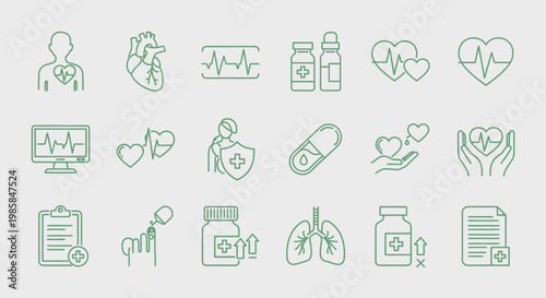 Minimalistic medical icons and symbols in a clean, elegant style representing various aspects of healthcare, diagnostics, and treatment, perfect for design and health-related websites and re