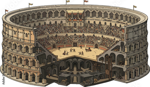 Ancient Roman Colosseum cross section vector, detailed amphitheater arena, gladiator stadium art