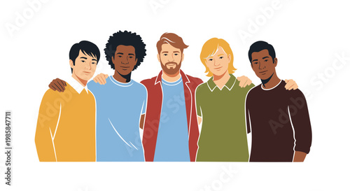 Diverse Group of Young Men Standing Together as Friends Vector Illustration Representing Unity and Multicultural Friendship in a Modern Flat Graphic Style