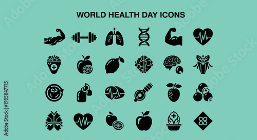 A comprehensive collection of World Health Day Icons, presenting diverse symbols representing wellness, fitness, healthcare, including muscles, lungs, the brain,  and other healthy symbols i