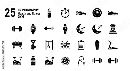 A comprehensive set of 25 flat, minimalist black and white icons for health, fitness, and gym concepts, representing equipment, routines, and wellness in a clean, modern design for effective