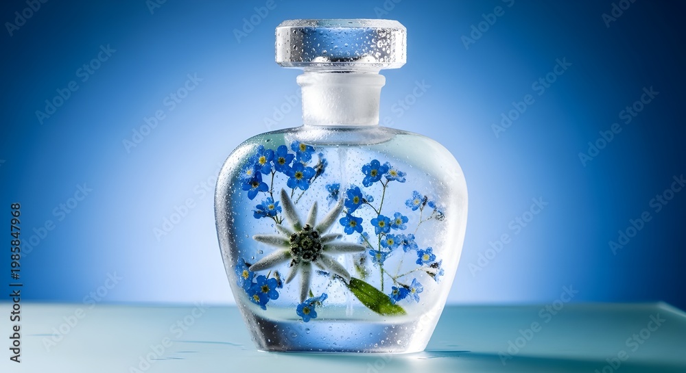 Obraz premium AI-generated luxury product art featuring a rounded crystal perfume bottle filled with blue wildflowers against a soft blue background. The unique bottle shape and floral interior create a distinctive