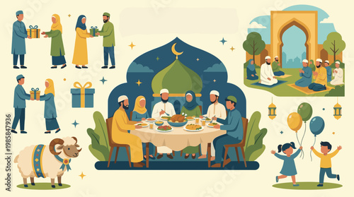 Festive Eid Al Adha activity vector illustration bundle featuring Muslim family dinner, outdoor prayer, gift exchange, sheep, and happy kids with balloons.