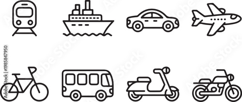 Set of black outline icons representing various modern transportation methods including public transit and private vehicles