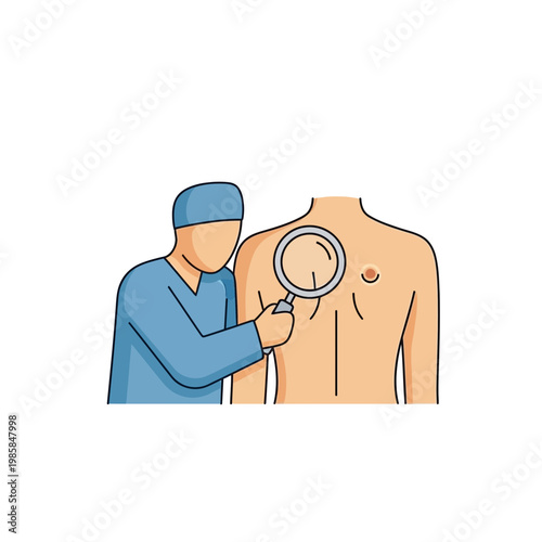 Doctor examining skin with magnifying glass on patient torso  