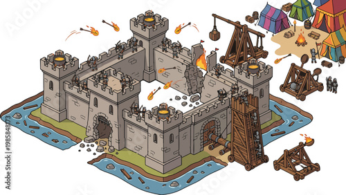 Medieval castle siege vector, isometric fortress battle, stone stronghold under attack by army