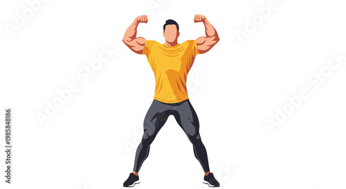 A strong, muscular male figure showcasing his biceps and physique, rendered in a vector art style on a pure white background, emphasizing health, fitness, and body positivity within an activ