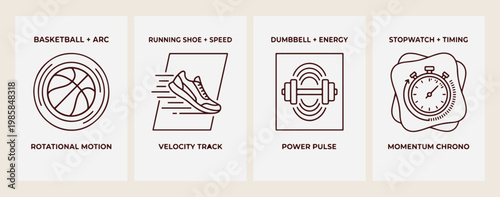 Speed running shoe icon, power gym dumbbell weights, fitness workout training symbol, minimalist athletic sports badge, healthy lifestyle exercise illustration, bodybuilding strength vector art, activ