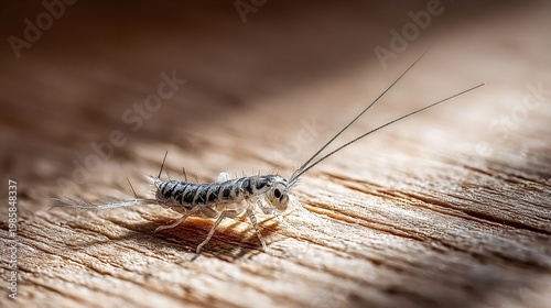 Silverfish insect, also known as bristletail, crawling on an unpolished wooden surface, representing common household pests and the need for pest control services