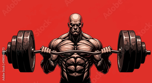 Intense bodybuilding athlete straining to lift a heavy barbell, showcasing muscular physique with dramatic lighting and comic book style on a vibrant red backdrop for fitness and strength th