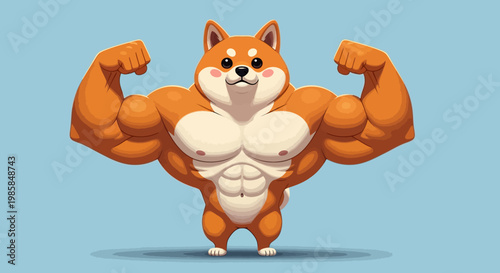 Cartoon Shiba Inu Dog flexing muscles, showing strength and brawn, a powerful and adorable anime-style character against a light blue background, symbolizing fitness and empowerment.