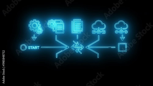 Neon-lit cybersecurity flowchart with threat detected center on black background