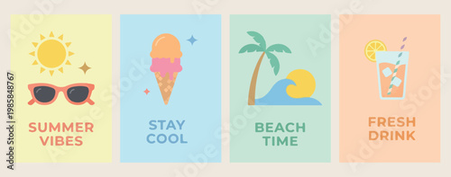 Stay cool ice cream, beach time summer illustration, minimalist tropical dessert poster, creative holiday snack vector, aesthetic ocean side design, cool refreshment scenery graphics, summer vacation 