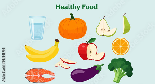 A vibrant and cheerful flat design vector depicting a variety of colorful and fresh healthy foods, emphasizing fruits, vegetables, and water for a nutritional diet focus.