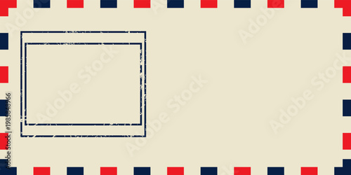 Vintage Airmail Postcard Template with Distressed Texture – Retro Postal Background with Grunge Rubber Stamp and Striped Border. Vector Illustration