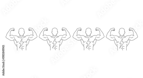 Four outlined figures flexing their biceps with detailed musculature visible, depicting strength and power. The linework is clean and minimalist on a pure white background, showcasing a phys