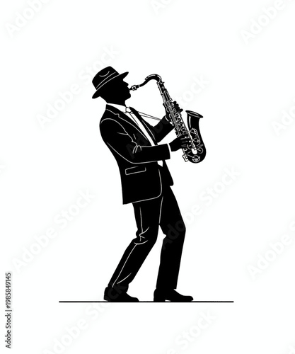 jazz musician playing saxophone in monochrome flat design vector illustration