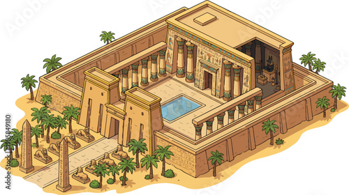 Ancient Egyptian temple vector, isometric desert palace architecture, historical pharaoh monument