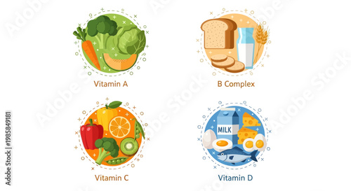 A vibrant and informative flat design collection showcasing essential vitamins A, B Complex, C, and D, highlighting various food sources of these crucial nutrients promoting health and diet 