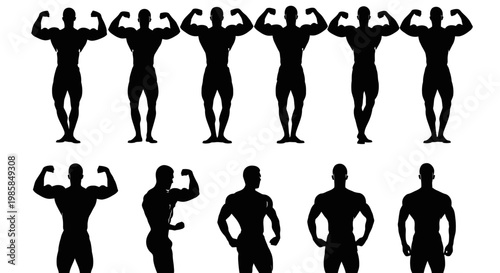 A striking monochromatic collection of athletic bodybuilding silhouettes in various flex poses, exhibiting strength and physique with meticulous detail, against a clean white backdrop, captu