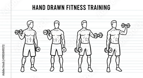 A detailed hand-drawn pen and ink style workout demonstration showcasing a sequence of dumbbell exercises performed by a muscular man with a focused expression, demonstrating fitness regime