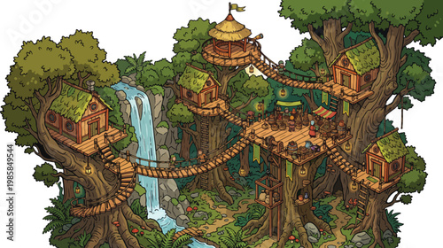 Fantasy treehouse village vector, magical forest tree house settlement, jungle village with waterfall