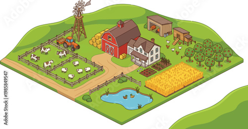 Isometric farm landscape with red barn, rural countryside map, agricultural farmstead vector