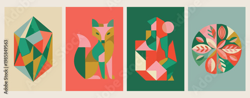 Sitting fox geometric art, abstract nature animal illustration, modern wildlife design vector, minimalist forest creature poster, creative colorful fox badge, aesthetic animal silhouette graphics, con