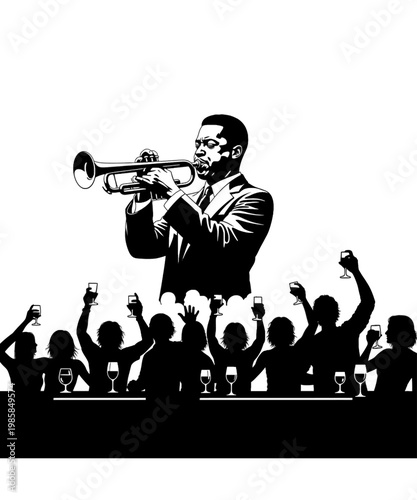 jazz musician performing on stage with cheering audience vector illustration