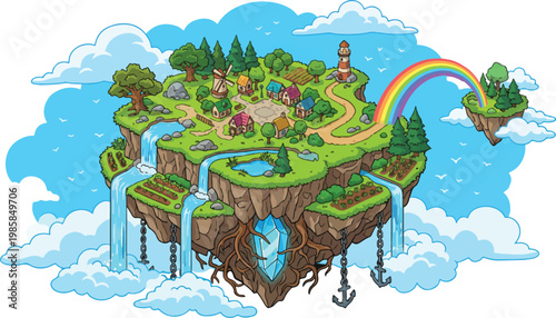 Fantasy floating island vector, magical sky kingdom with waterfalls, whimsical village in clouds