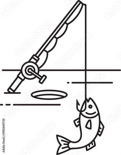 Line drawing of a fish on a fishing line caught by a fishing rod