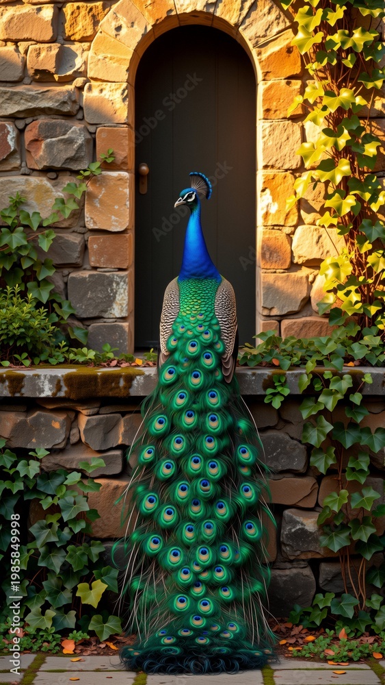 Obraz premium peacock standing front stone wall arched doorway peacock standing its hind legs its tail feathers spread out fan like manner feathers vibrant colorful shades blue green gold wall covered ivy fallen