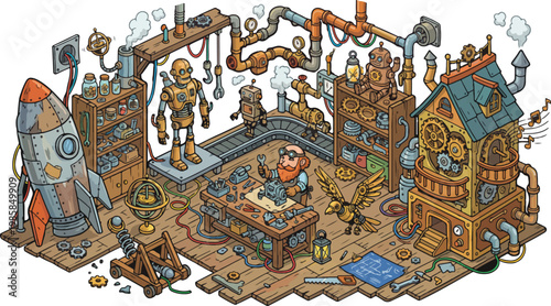 Steampunk inventor workshop vector, retro scientist laboratory with robots, vintage machine shop