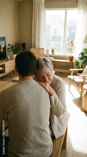 Senior mother tenderly hugging her adult son in a sunlit living room
