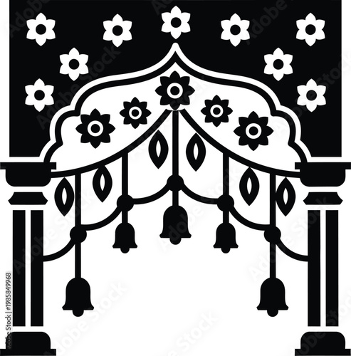 Indian wedding arch decorated with flowers bells garlands on pillars simple black silhouette design
