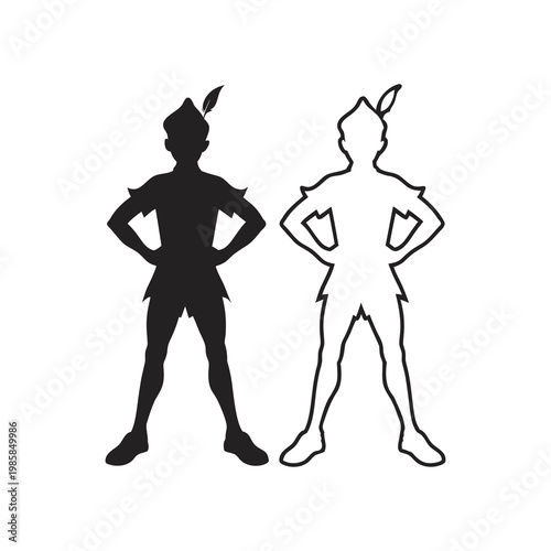 Two silhouettes of a character inspired by peter pan standing confidently